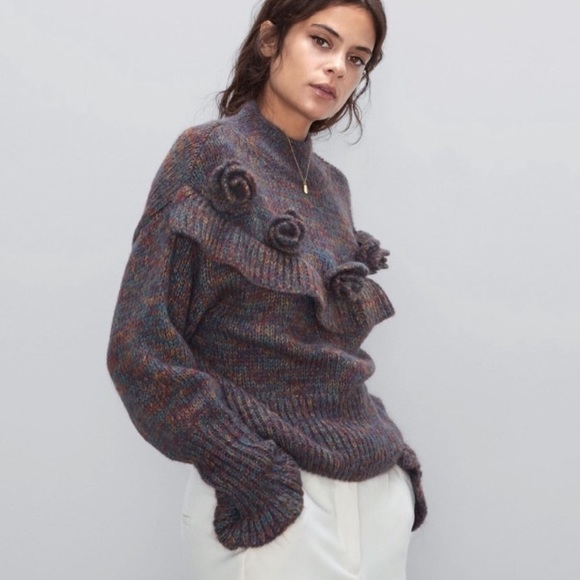 ZARA Mohair Roses & Ruddle Multi Colour Knit Mockneck Sweater - Picture 3 of 13